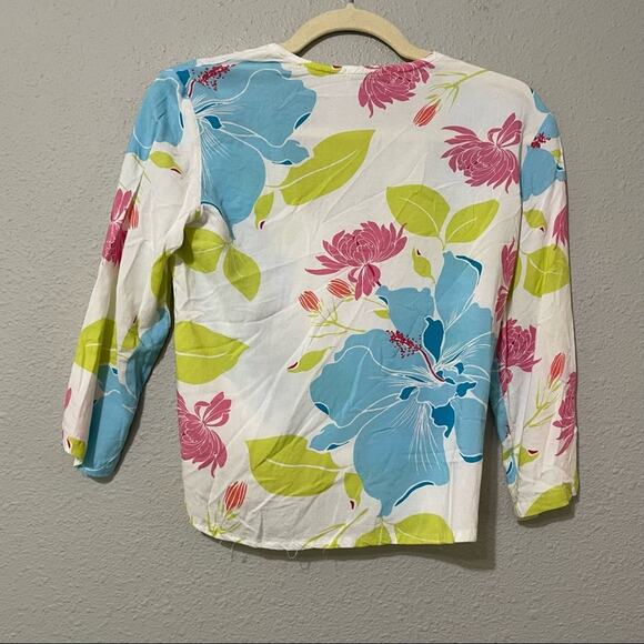 Green Tea White Blue & Green Floral Beaded Knot Front Cropped Y2K Blouse M Rayon - Picture 7 of 8